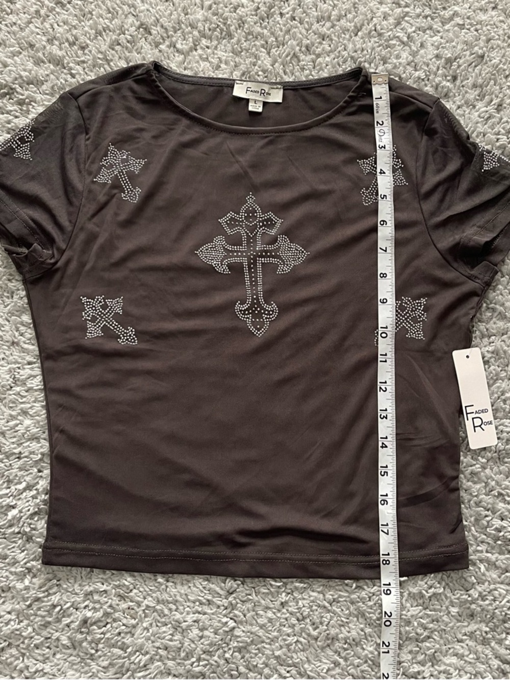 Y2K Grey Rhinestone Cross Mesh Top - Picture 5 of 5